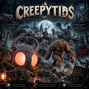 Puede incluir: Una imagen promocional de Creepytids Cryptid Nightmare Miniatures que muestra una criatura similar a una polilla con ojos naranjas brillantes, una figura de Bigfoot marrón peludo y varias miniaturas de monstruos en un paisaje forestal oscuro.
