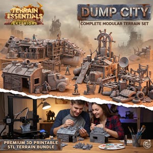 May include: A Dump City complete modular terrain set featuring gray 3D printed structures, including shacks, vehicles, and debris. The set includes small figurines and a 3D printer, with text reading Terrain Essentials Volume III Exteriors.