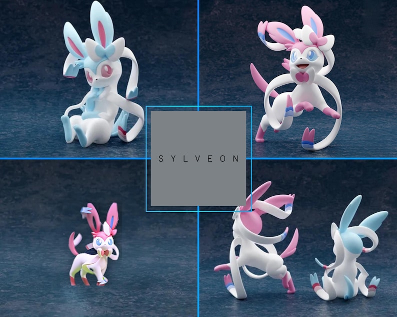 May include: Four figurines of Sylveon, a Pok&eacute;mon character, in various poses. The figures are primarily white with pink and blue accents. The text "SYLVEON" is displayed in a gray box in the center of the image.