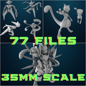 May include: A selection of 3D-printed figures in different poses, including a large figure and several smaller ones. The text "77 FILES" and "35MM SCALE" are displayed in a green, glitch-style font. The figures are all a light grey colour.