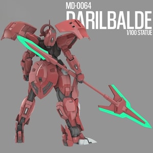 Op de afbeelding: Een rode en zwarte Darilbalde 1/100 schaal standbeeld. De robotfiguur houdt een speer vast met een groen blad. Het beeld heeft een gedetailleerd ontwerp met meerdere panelen en pantserstukken. De tekst "MD-0064" en "DARILBALDE" zijn zichtbaar.