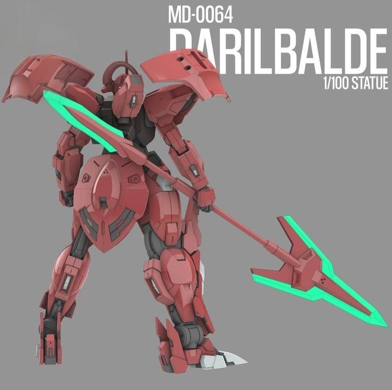 Op de afbeelding: Een rode en zwarte Darilbalde 1/100 schaal standbeeld. De robotfiguur houdt een speer vast met een groen blad. Het beeld heeft een gedetailleerd ontwerp met meerdere panelen en pantserstukken. De tekst "MD-0064" en "DARILBALDE" zijn zichtbaar.