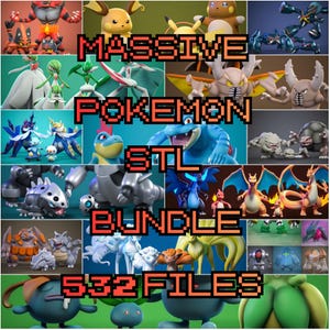 Puede incluir: Un collage digital con personajes Pokémon renderizados en 3D. La imagen incluye el texto "MASSIVE POKEMON STL BUNDLE 532 FILES" en una fuente pixelada. Los personajes están en varios colores y poses.
