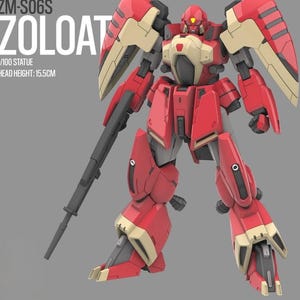 Pu&ograve; includere: Statua Zoloat rossa e beige in scala 1/100 con altezza della testa di 15,5 cm. Il robot ha grandi strutture simili ad ali sulla schiena e tiene in mano una lunga arma nera. Il testo "ZM-S06S ZOLOAT" &egrave; visibile in alto.