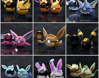 Eeveelution Functional Pokeballs: Complete 9 Pokeballl 3D Print Model Bundle - Split STL Files - With License Rights