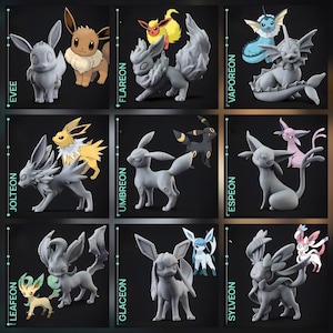 May include: Nine Pokémon character figurines, including Eevee, Flareon, Vaporeon, Jolteon, Umbreon, Espeon, Leafeon, Glaceon, and Sylveon. Each gray figurine has a smaller, coloured version beside it. The grid layout displays the characters.
