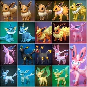 May include: A grid of 16 colorful, stylized figures of Eevee and its evolutions. The figures are in various poses and colors, including brown, blue, orange, yellow, pink, black, and white. Each figure has unique features.