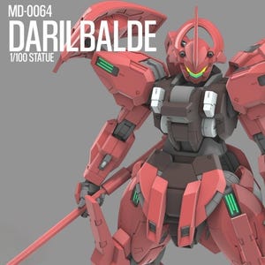 Op de afbeelding: Een rode en bruine Darilbalde 1/100 schaal standbeeld. De robotfiguur heeft een gedetailleerd ontwerp met een zwaard en groene accenten. De tekst "MD-0064" en "DARILBALDE" is zichtbaar linksboven in de afbeelding.