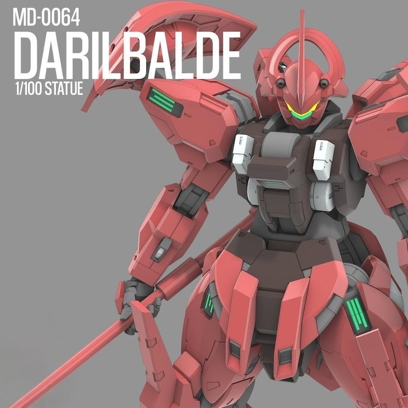 Op de afbeelding: Een rode en bruine Darilbalde 1/100 schaal standbeeld. De robotfiguur heeft een gedetailleerd ontwerp met een zwaard en groene accenten. De tekst "MD-0064" en "DARILBALDE" is zichtbaar linksboven in de afbeelding.