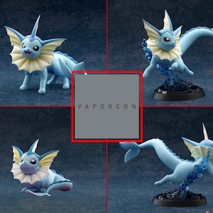 May include: Four images of a blue and white Vaporeon figurine, a Pok&eacute;mon character. The figurine has a frilled collar, pointed ears, and a long tail. The word "VAPOREON" is displayed in a gray box.
