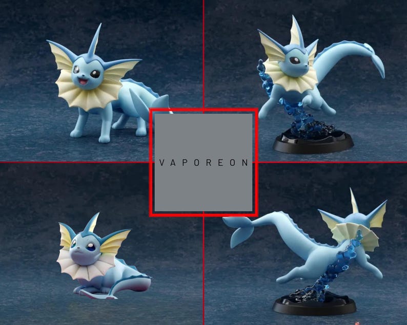 May include: Four images of a blue and white Vaporeon figurine, a Pok&eacute;mon character. The figurine has a frilled collar, pointed ears, and a long tail. The word "VAPOREON" is displayed in a gray box.