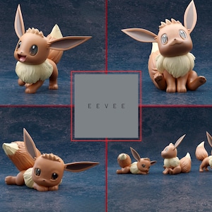 May include: Four views of an Eevee figurine in various poses. The brown and cream-colored figure has large ears, a fluffy neck, and a fox-like tail. The word "EEVEE" is in a gray box in the center of the image.