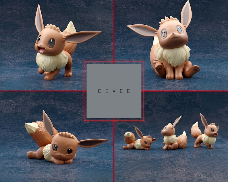 May include: Four views of an Eevee figurine in various poses. The brown and cream-colored figure has large ears, a fluffy neck, and a fox-like tail. The word "EEVEE" is in a gray box in the center of the image.