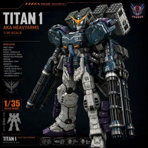 May include: A 1/35 scale Titan 1 Heavyarms model robot featuring a dark blue, white, and purple colour scheme. The figure is heavily armoured with dual gatling guns on the arms, multiple missile pods on the shoulders, and detailed mechanical plating.