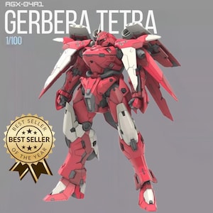 May include: A red and white Gerbera Tetra model kit, a detailed robot figure with articulated limbs and wings. The model is labelled "1/100" and features a "Best Seller" badge.