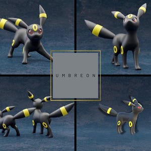 May include: Four Umbreon figurines in various poses are displayed against a dark blue background. The Umbreon figures are black with yellow accents on their ears, tails, and body. The text "UMBREON" is in a gray box.