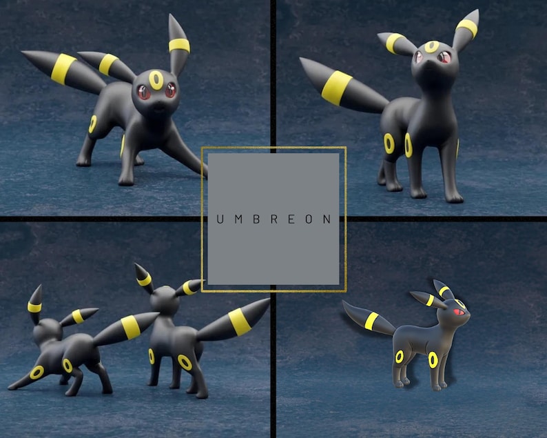 May include: Four Umbreon figurines in various poses are displayed against a dark blue background. The Umbreon figures are black with yellow accents on their ears, tails, and body. The text "UMBREON" is in a gray box.
