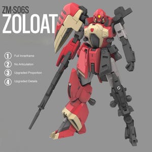 Pu&ograve; includere: Un modello di robot ZOLOAT rosso e beige con accenti neri e grigi. Il modello ha un grande scudo, una lunga pistola e il testo "ZM-S06S ZOLOAT". Il modello &egrave; etichettato con caratteristiche come "Full Innerframe" e "Upgraded Details".