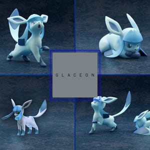 May include: Four figurines of Glaceon, a Pok&eacute;mon character, in various poses. The figures are primarily light blue and white, with detailed features. The word "Glaceon" is displayed in a gray box. The background is a dark blue.