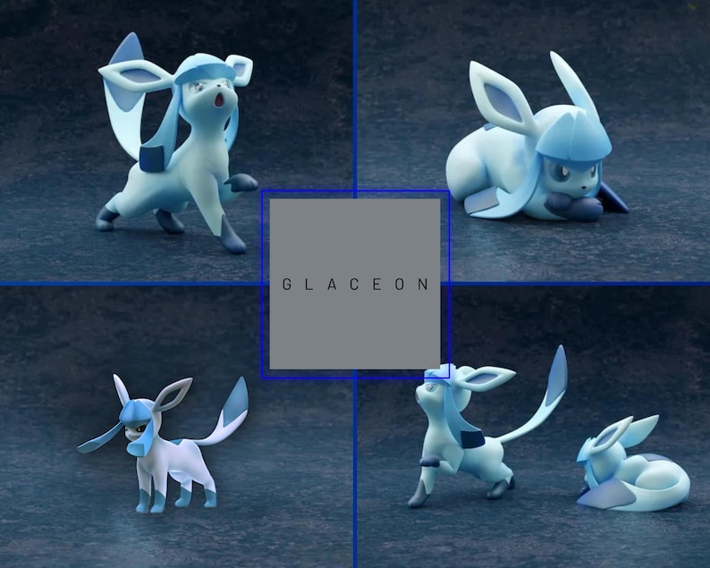 May include: Four figurines of Glaceon, a Pok&eacute;mon character, in various poses. The figures are primarily light blue and white, with detailed features. The word "Glaceon" is displayed in a gray box. The background is a dark blue.