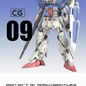 May include: A detailed model of a white, blue, and red robot, labeled "09" and "CG". The robot has a shield and a long gun. The text reads "PROJECT 01 ZEPHYRANTHES" and "TOTAL HEIGHT: 20.5 CM".