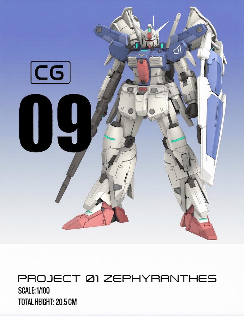 May include: A detailed model of a white, blue, and red robot, labeled "09" and "CG". The robot has a shield and a long gun. The text reads "PROJECT 01 ZEPHYRANTHES" and "TOTAL HEIGHT: 20.5 CM".