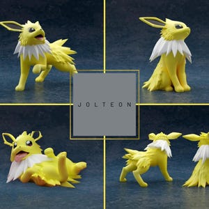 May include: A collage of four images of a yellow Jolteon figurine with a white collar. The figurine is in various poses, including standing, sitting, and lying down. The word "JOLTEON" is displayed in a gray box.