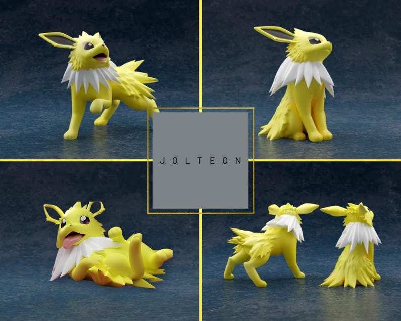 May include: A collage of four images of a yellow Jolteon figurine with a white collar. The figurine is in various poses, including standing, sitting, and lying down. The word "JOLTEON" is displayed in a gray box.