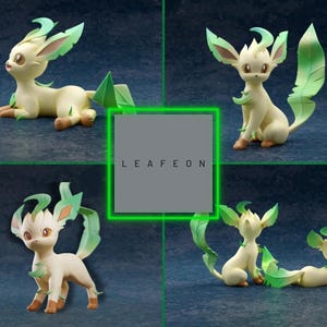 May include: Four images of a Leafeon figurine in various poses. The figurine is primarily cream-colored with green accents on its ears, tail, and other leaf-like features. The text "LEAFEON" is in a gray box.