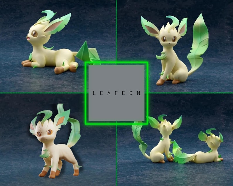 May include: Four images of a Leafeon figurine in various poses. The figurine is primarily cream-colored with green accents on its ears, tail, and other leaf-like features. The text "LEAFEON" is in a gray box.
