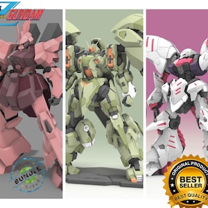 Puede incluir: Tres kits de modelos Gundam en rosa, verde y blanco. El modelo rosa tiene una falda rojo oscuro, el modelo verde tiene detalles en naranja y el modelo blanco tiene detalles en rojo. La imagen incluye el texto "Mobile Suit Zeta Gundam" y "Special Bundle Offer".