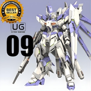 Pode incluir: Um kit de modelo detalhado de um robô futurista, principalmente branco e lavanda com detalhes cinza e verde. O robô tem um grande escudo e um rifle longo. O número "09" é exibido em preto.