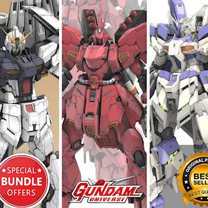 Könnte beinhalten: Drei Gundam-Modellbausätze in Weiß, Rot und Blau. Der weiße Gundam hat einen roten Kreis mit dem Text "SPECIAL BUNDLE OFFERS". Der rote Gundam hat das Logo "GUNDAM UNIVERSE". Der blaue Gundam hat ein goldenes Siegel mit "ORIGINAL PRODUCT BEST SELLER BEST QUALITY".