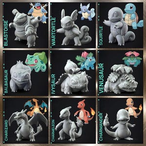 Gen 1 Starters STL Pack Charmander Charmeleon Charizard Bulbasaur Venusaur Squirtle Wartortle Blastoise - Pokemon 3D Print Model