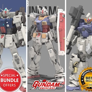 May include: Three Gundam model kits, each with a distinct design. The robots are mainly white with blue, red, and yellow accents. One has a shield, another a large gun. The image includes a "Special Bundle Offers" sticker.