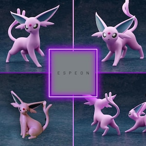 May include: Four Espeon figurines in various poses are displayed against a dark background. The figurines are primarily pink with blue accents on their ears. A purple-bordered square in the center spells out the word "ESPEON".