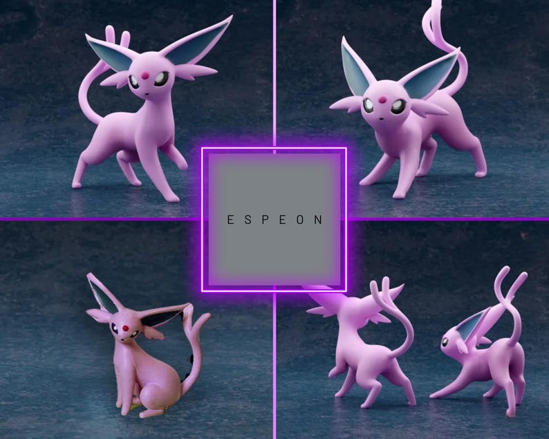May include: Four Espeon figurines in various poses are displayed against a dark background. The figurines are primarily pink with blue accents on their ears. A purple-bordered square in the center spells out the word "ESPEON".