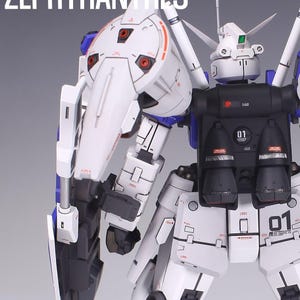 May include: A white and blue model robot with the text "PROJECT 01 ZEPHYRANTHES". The robot has a detailed design with red and black accents. The robot has multiple panels and a large shield.