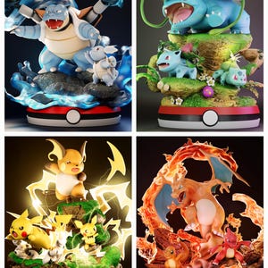 May include: Four colorful Pokémon character statues. The statues feature a blue Blastoise with water effects, a blue Venusaur with Bulbasaur figures, a yellow Pikachu with lightning, and an orange Charizard with fire effects. Each statue is on a red, black, and white base.