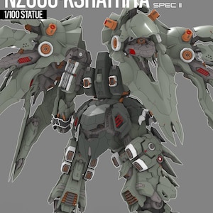 May include: A detailed model of a mech robot, primarily in shades of green, gray, and orange. The model features intricate mechanical details, wings, and the text "NZ666-KSHATRIYA" and "1/100 STATUE" in white. The design is complex and futuristic.
