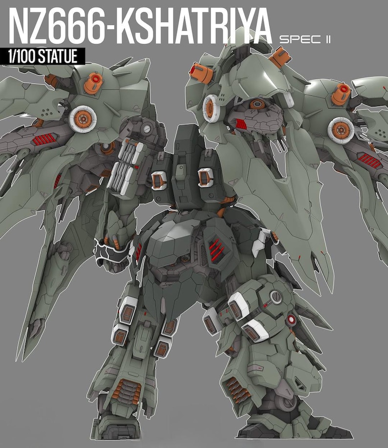 May include: A detailed model of a mech robot, primarily in shades of green, gray, and orange. The model features intricate mechanical details, wings, and the text "NZ666-KSHATRIYA" and "1/100 STATUE" in white. The design is complex and futuristic.
