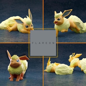 May include: A Flareon figurine in four different poses. The figure is primarily yellow and orange with dark blue accents on the ears. The word "FLAREON" is printed in white on a gray background.