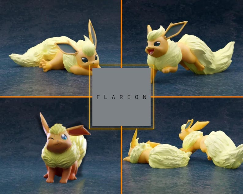 May include: A Flareon figurine in four different poses. The figure is primarily yellow and orange with dark blue accents on the ears. The word "FLAREON" is printed in white on a gray background.