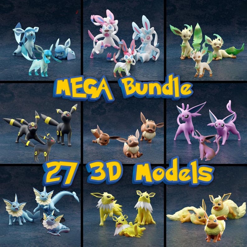 May include: A collection of 27 3D model figurines of various Pok&eacute;mon characters. The figurines are in different colors, including blue, pink, yellow, and black. The text "MEGA Bundle" and "27 3D Models" are displayed in the image.
