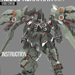May include: A detailed model of the NZ666-Kshatriya Spec II, a 1/100 scale statue. The model features a complex design with shades of green, gray, and orange. The text "INSTRUCTION" is visible.