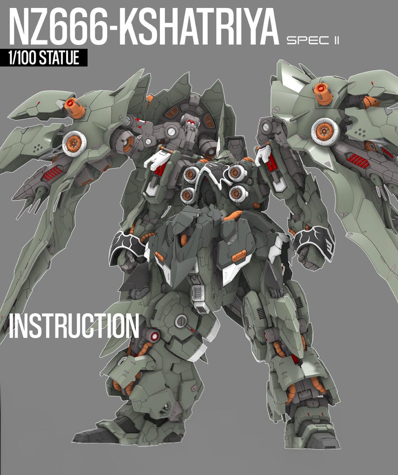 May include: A detailed model of the NZ666-Kshatriya Spec II, a 1/100 scale statue. The model features a complex design with shades of green, gray, and orange. The text "INSTRUCTION" is visible.