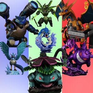 May include: A collection of detailed figurines of various creatures, each with unique designs and colors. The figurines include a blue turtle-like figure with a cannon, a green insectoid creature, and a golden dragon-like figure with a weapon.