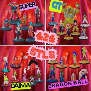 Puede incluir: Una colección de figuras de Dragon Ball Z, incluyendo personajes de las series Super y GT. Las figuras están posadas sobre bases circulares individuales, con etiquetas de texto como "SUPER", "GT", "424", "STLS", "DAMA" y "DRAGON BALL".