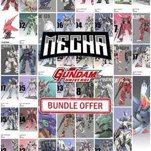 May include: A collection of Gundam Universe mecha figures in diverse colours and designs. The image features the text "MECHA" and "GUNDAM UNIVERSE" and a "BUNDLE OFFER" banner. The figures are from various seasons and series.