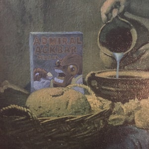 May include: A painting of a still life featuring a box of Admiral Ackbar cereal, a loaf of bread in a wicker basket, and a pitcher pouring a white liquid into a bowl.